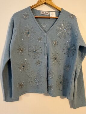 Vintage BellePointe Light Blue Embellished Snowflake Cardigan M NWT